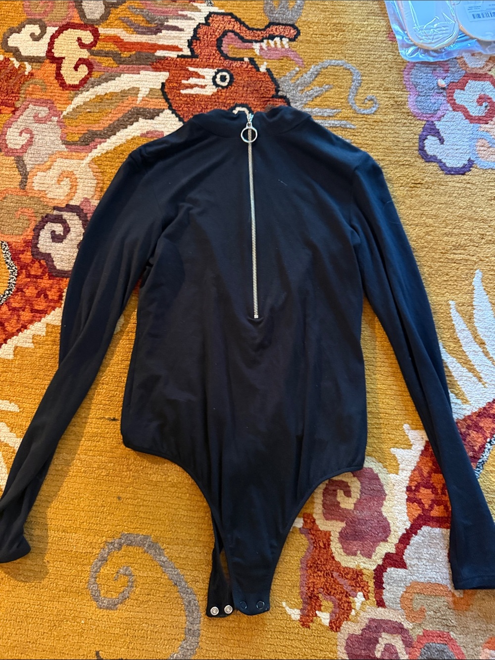 Enza Costa Black Long-Sleeve Bodysuit with Front Ring Zip